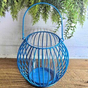 Blue Metal & Glass Lantern Pillar Candle Holder Hanging Garden Decor